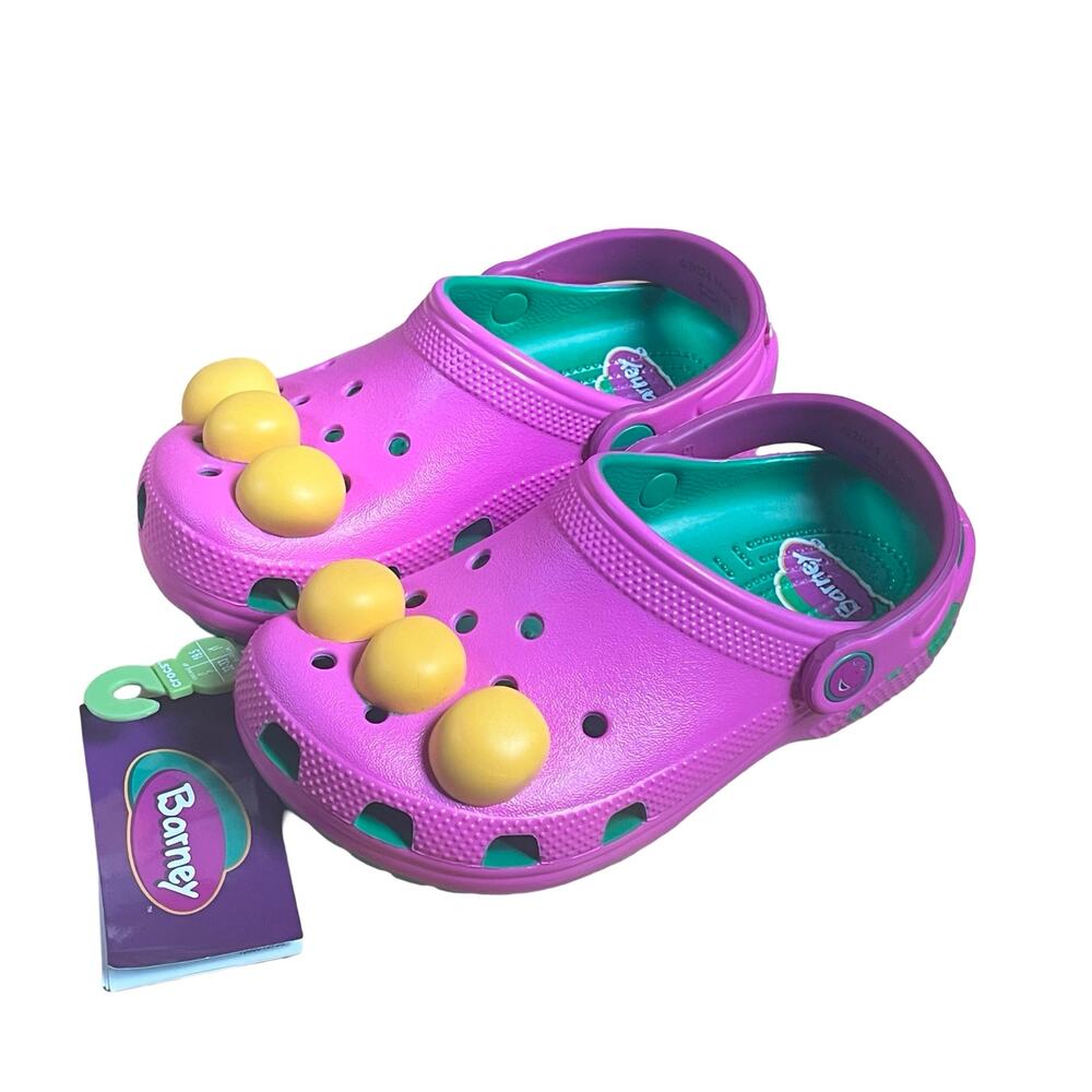 CROCS classic clogs Barney kids boys girls Unisex‎ Purple Green Feet NWT size J1
